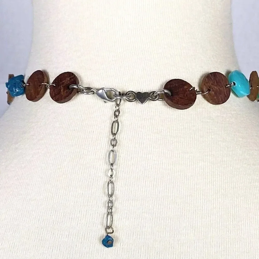 American Eagle Boho Bead Necklace Blue Green Brown Faux Turquoise Wood Festival